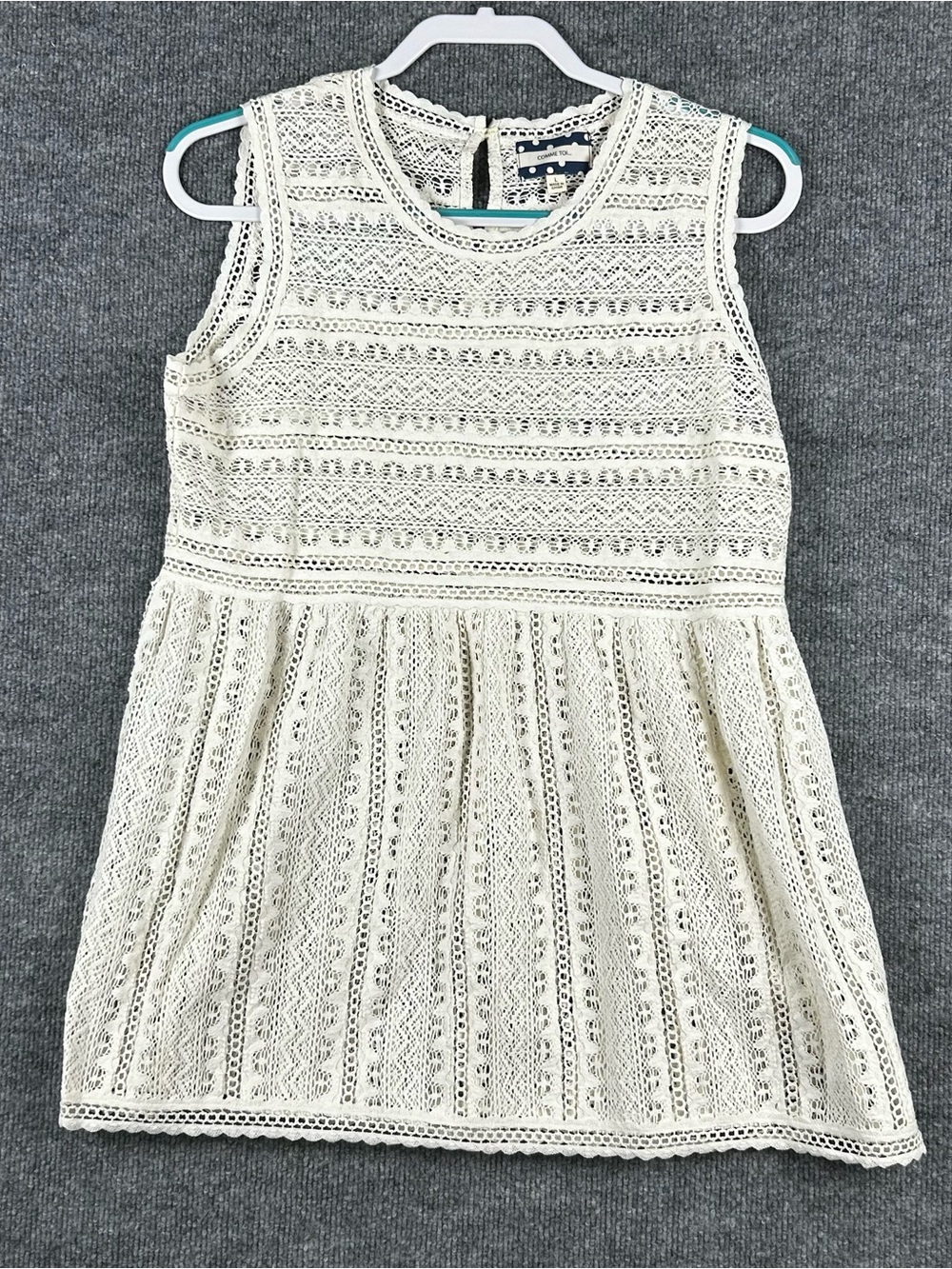 Comme Toi Ivory Crochet Lace Babydoll Sleeveless Top Size L Cotton Peplum Tunic